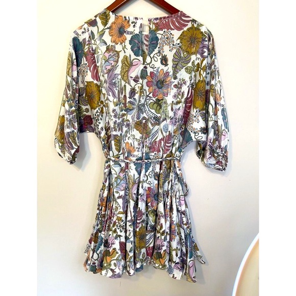 Aakaa Mini Dress Braided Belt Floral Dolman Sleeve Satiny Full Circle Skirt S - Picture 7 of 12